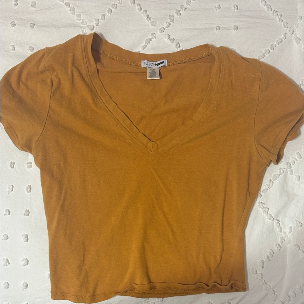 Fashion Nova Mustard V-Neck Short Sleeve Top